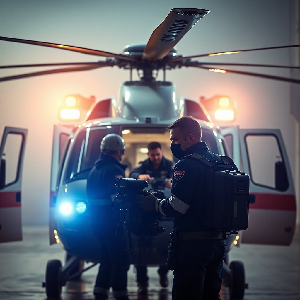 Medical helicopter and paramedics team working with advanced medical equipment, professional ambulance background, cinematic lighting, high quality photography