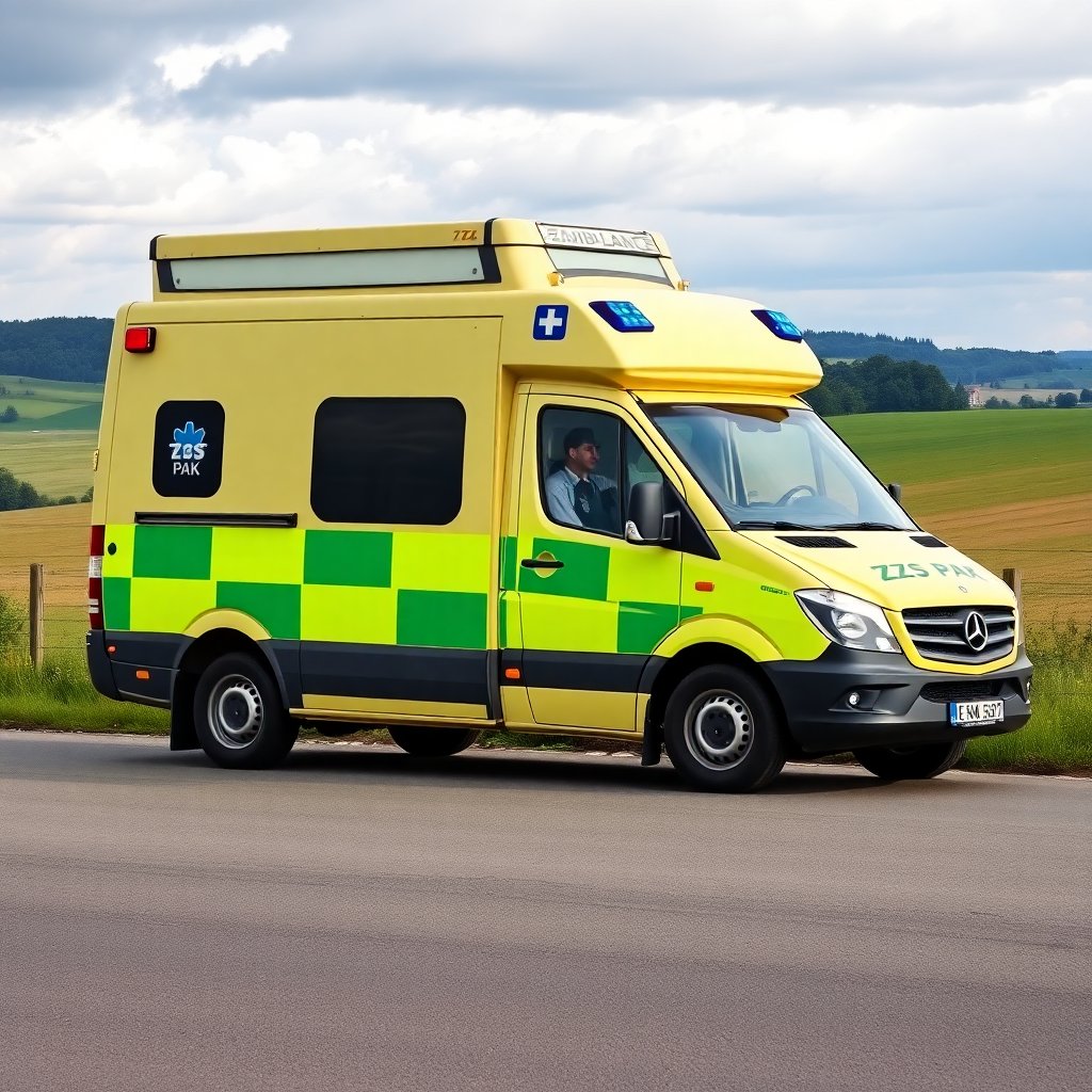 Modern ambulance vehicle of ZZS PAK with blue lights on, Czech landscape in background, professional emergency service photography