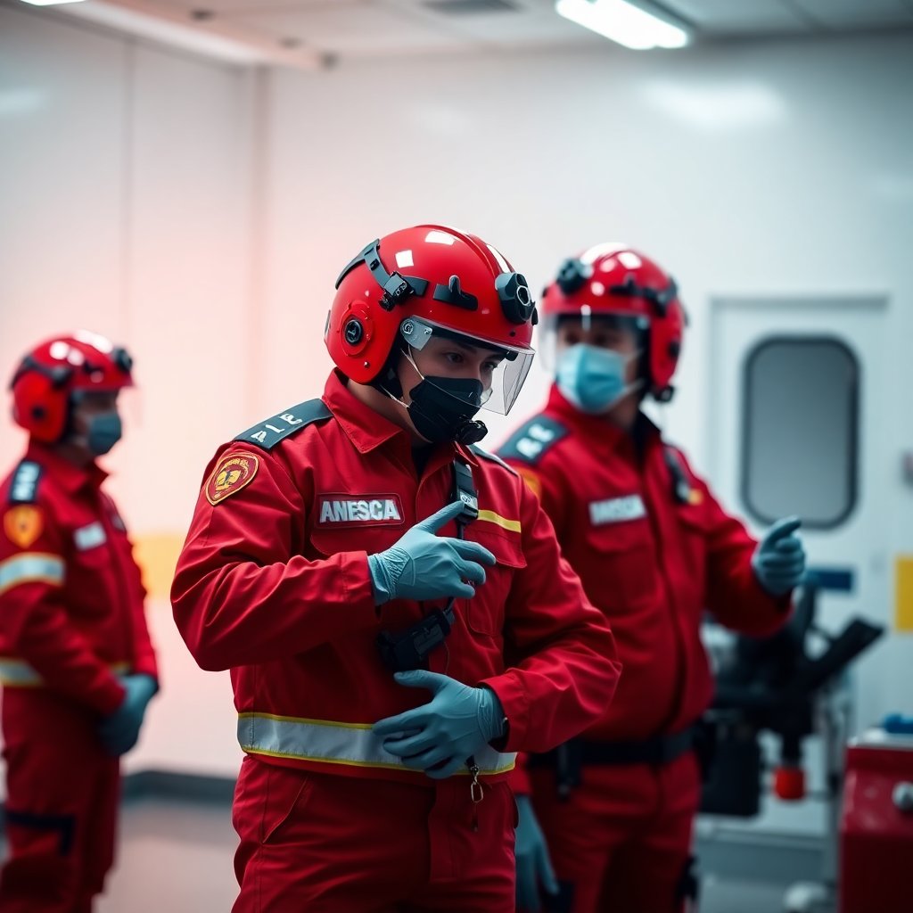 Paramedics team in red uniforms training together, professional medical simulation, teamwork, high quality photography