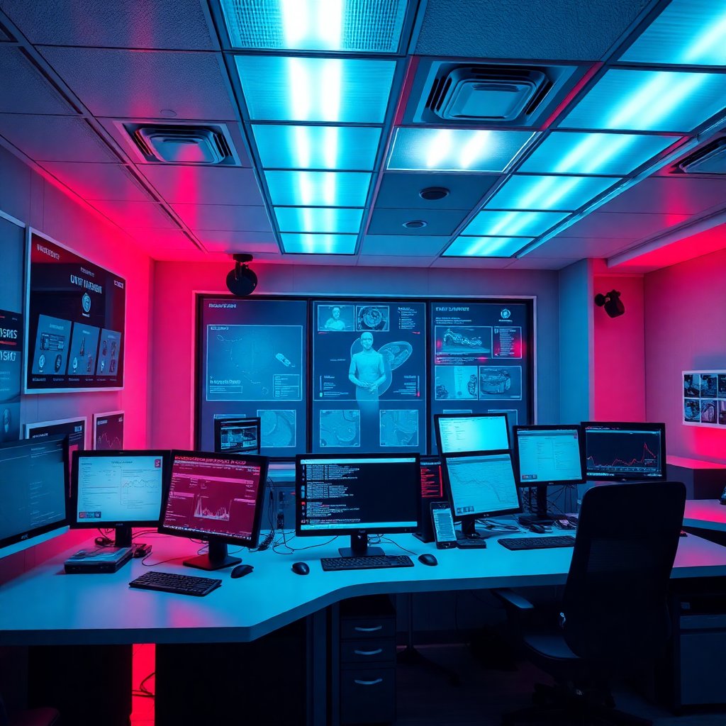 Modern medical dispatch center with high-tech equipment, blue and red ambient lighting, professional environment, wide angle, high quality photography, cinematic lighting, hyper-realistic, medical monitors, clean professional workspace